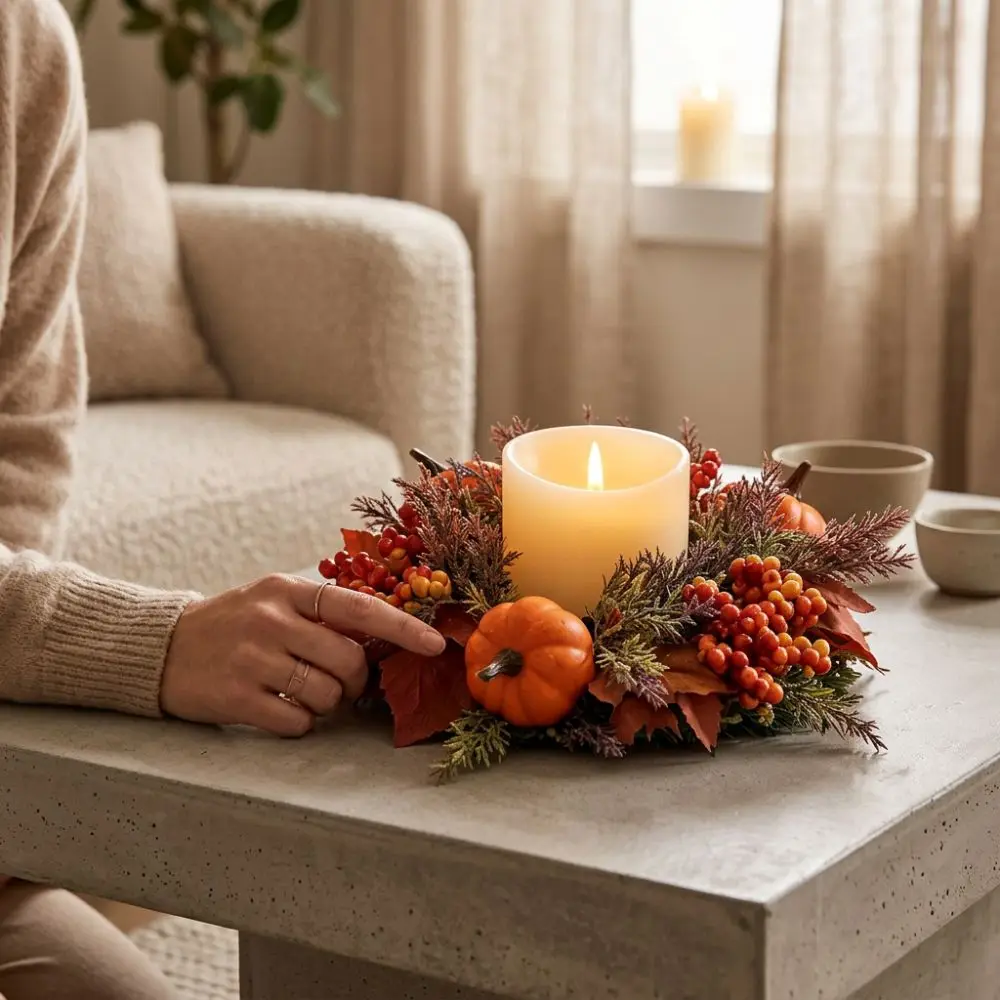 Fade Resistant Autumn Pumpkin Candle Holder Long Lasting Simulated Plant Artificial Maple Wreath Rustic Vintage Style