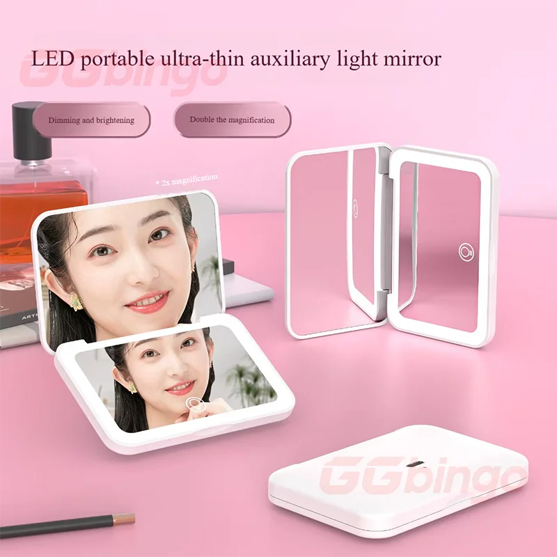 LED-dimbare make-upspiegel met 3 kleuren lichtmodi USB-opladen Opvouwbare make-upspiegel voor reizen en thuisgebruik op tafel