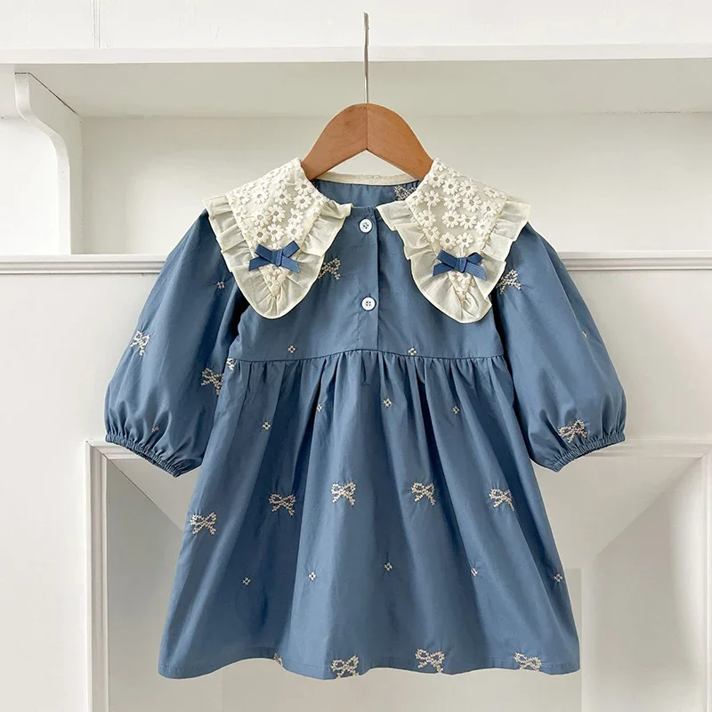 2024 Autumn Baby Girl Party Dress Cotton Embroidery Bow Splicing Dress Long Sleeved Kids Princess Dresses Lace Collar Clothing