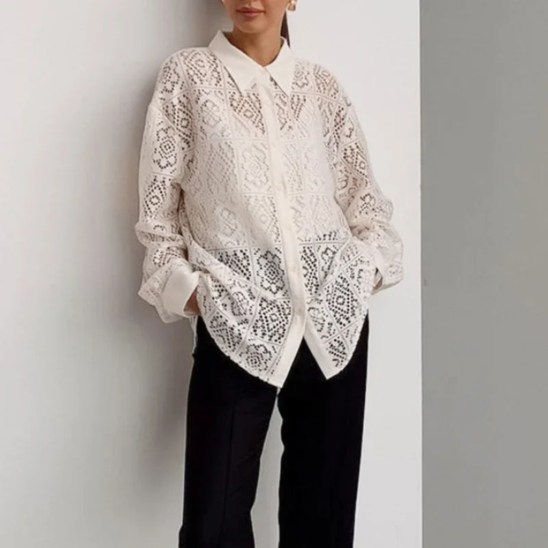 TARUXY Retro Lace Hollow Shirt Office Woman Long Sleeve Top Loose Sexy See Through Lapel Button Shirt Female Fashion 2024 Fall