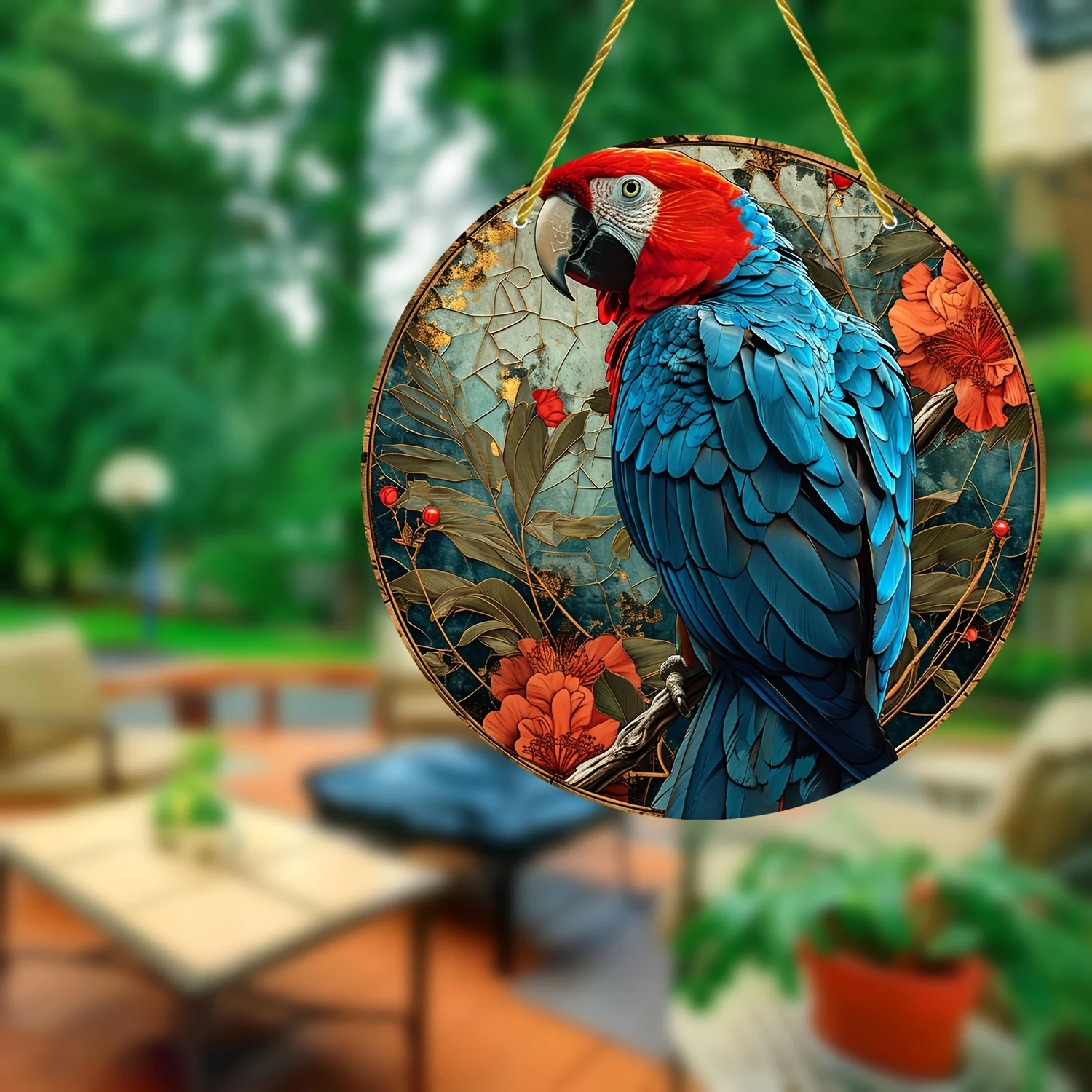 Parrot Holiday Sun Catcher, Sunshade,Vintage Stained Window Hanging Art,Acrylic Creative Round Wreath Sign, Garden, Yard, House