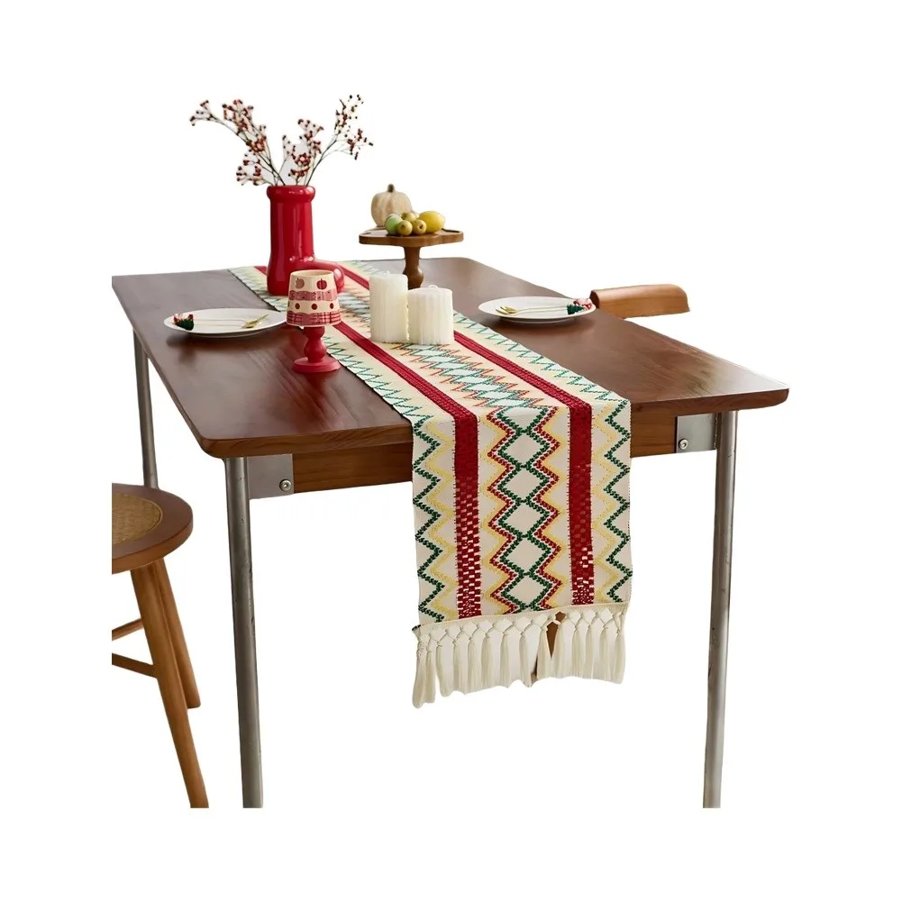 180CM Polyester Table Scarf for Runner with Tight Geometric Weave and Decorative Tassels Red Green Blue Orange Table Use