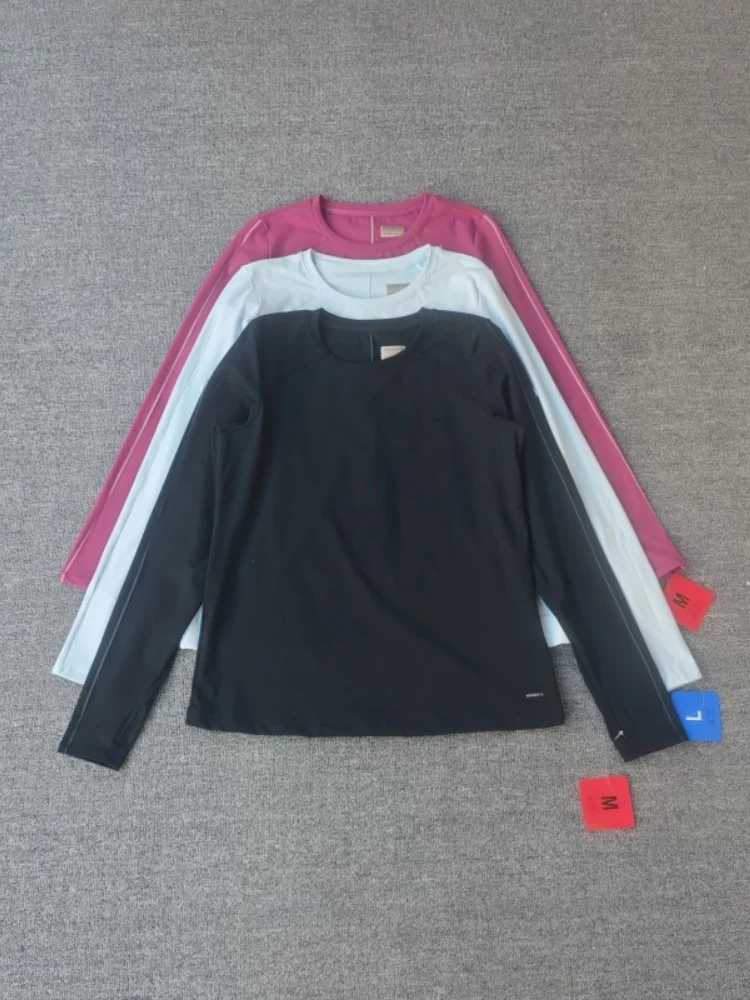 تي شيرت رياضي نسائي طويل الأكمام بقصة ضيقة، سريع الجفاف وقابل للتنفس، مصنوع من ألياف البوليستر، ملابس كاجوال أنيقة