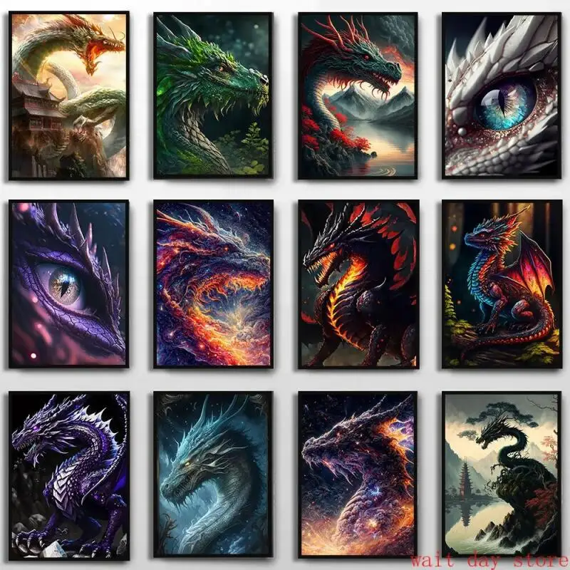 Abstract Rainbow Dragon Canvas Painting, Unique Art, Fantasy Animals Oriental Dragon Poster, High-Quality Prints,Ideal Wall Gift