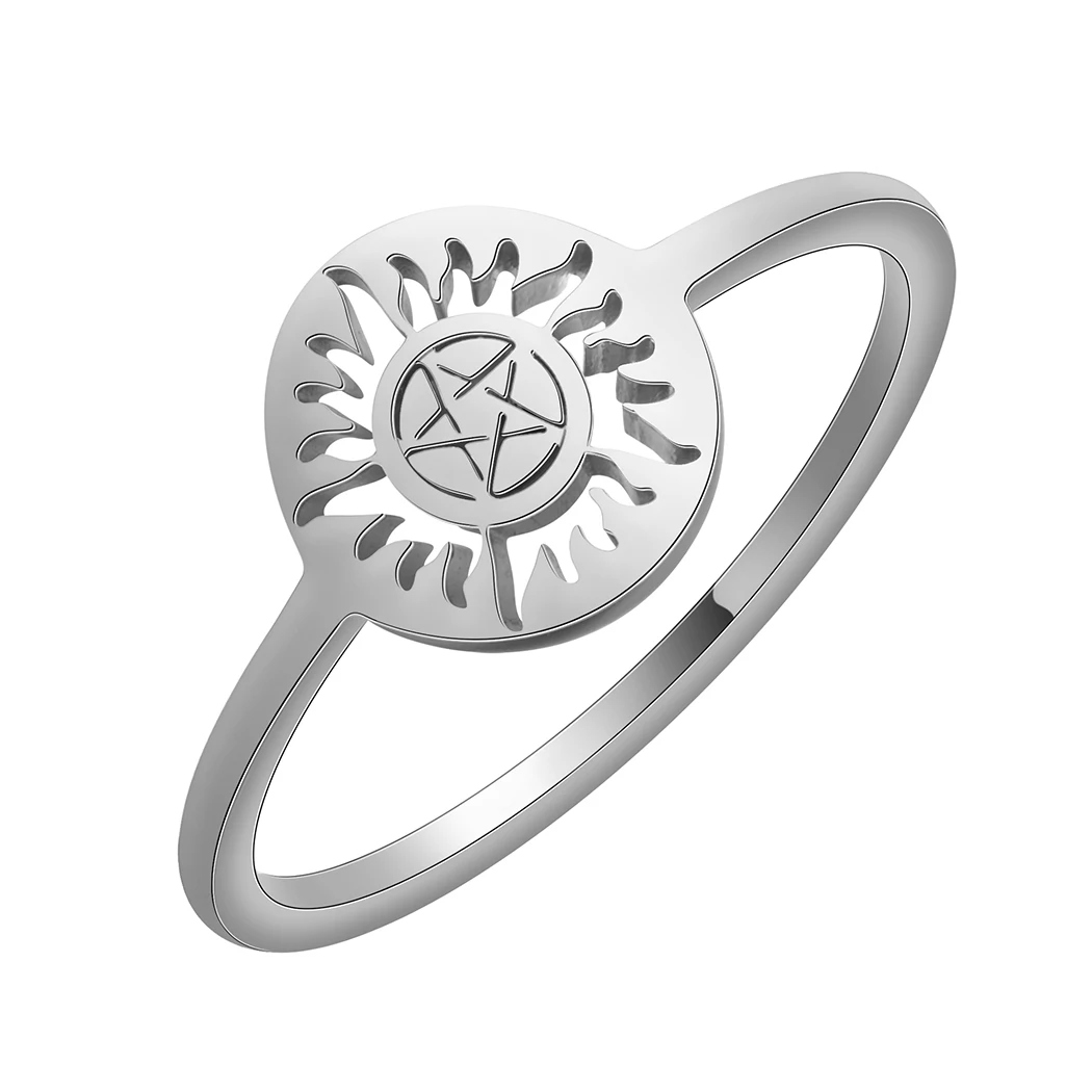 Stainless Steel Silver Pentagram Ring Men Women Flame Star And Sun Slavic Vintage Jewelry Stackable Rings Gift