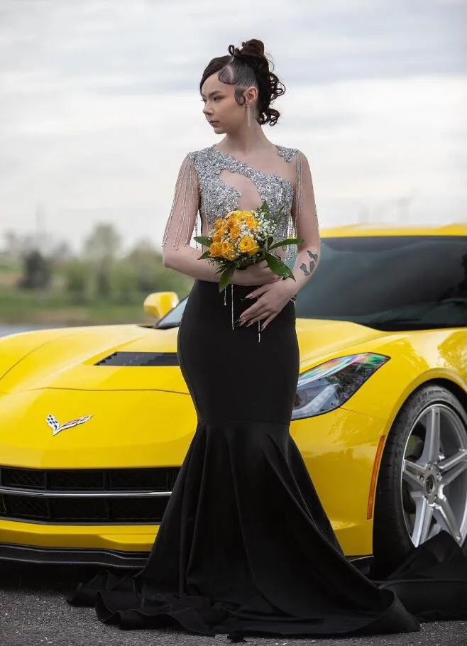 Vestido de fiesta de sirena de diamantes de lujo, cuello transparente, borla, largo, noche, cumpleaños