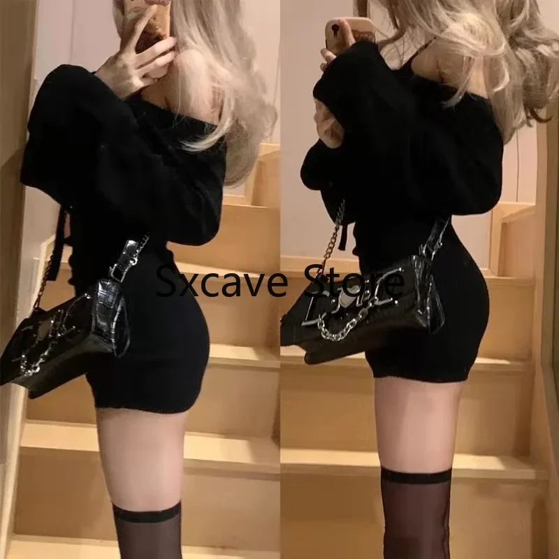 2024 Spring Casual Knitted Dress Women Long Sleeve Y2k Clothing Bodycon Black Mini Dress Office Lady Party One Piece Dress Korea