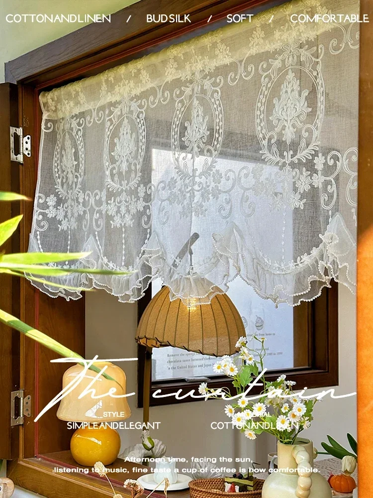 Korean Lace Beads Short Curtians for Kitchen Cafe Door Sheer Gauze Valance Dustproof Partition Window Drapes Home Decoration