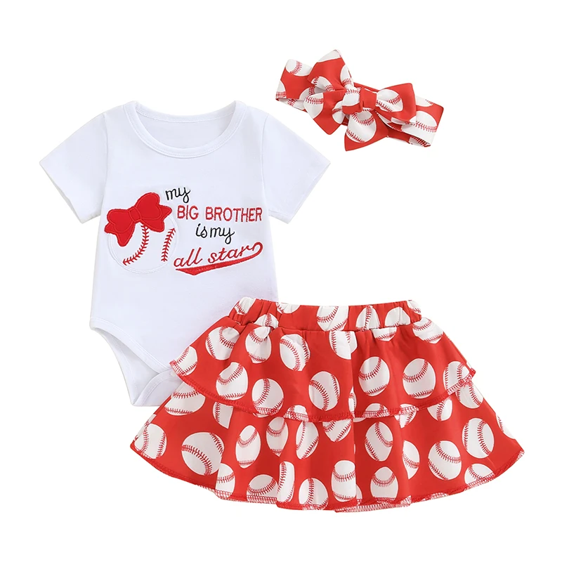 

Baby Girls Summer Skirt Sets Short Sleeve Romper Tiered Baseball Print Skirt Headband Sets