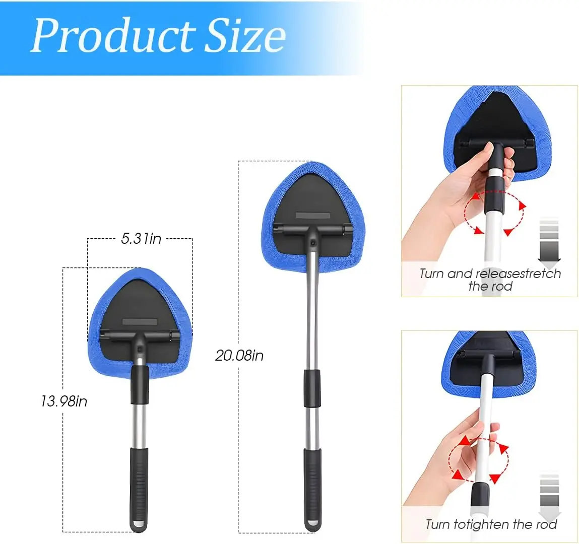 Windshield Cleaning Tool, Car Window Cleaner with Extendable Long Handle and 4 Washable Reusable Microfiber Pads