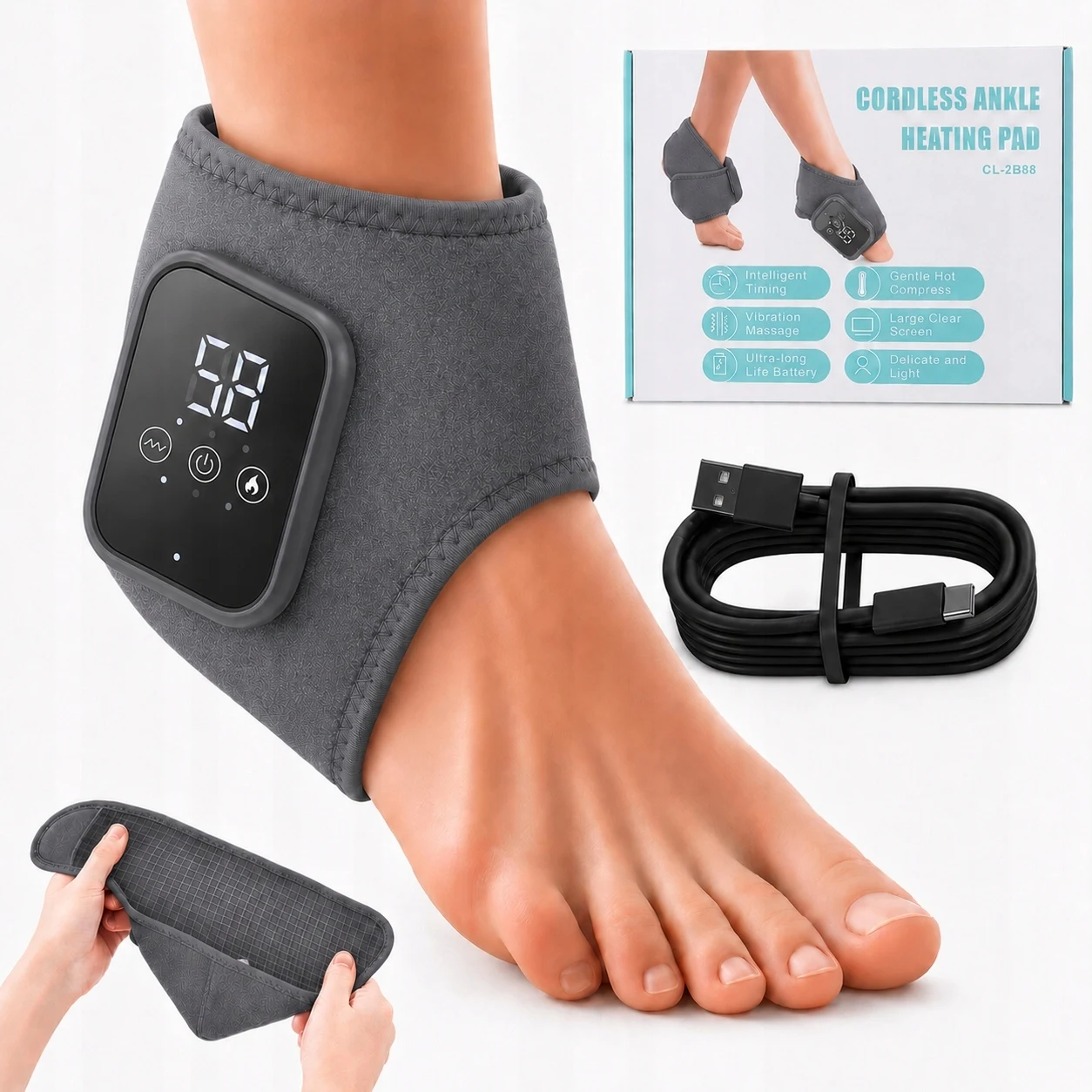 Masseur de pieds et de chevilles gris avec fonction chauffante, machine de massage pour soulager la douleur au pied et la rééducation