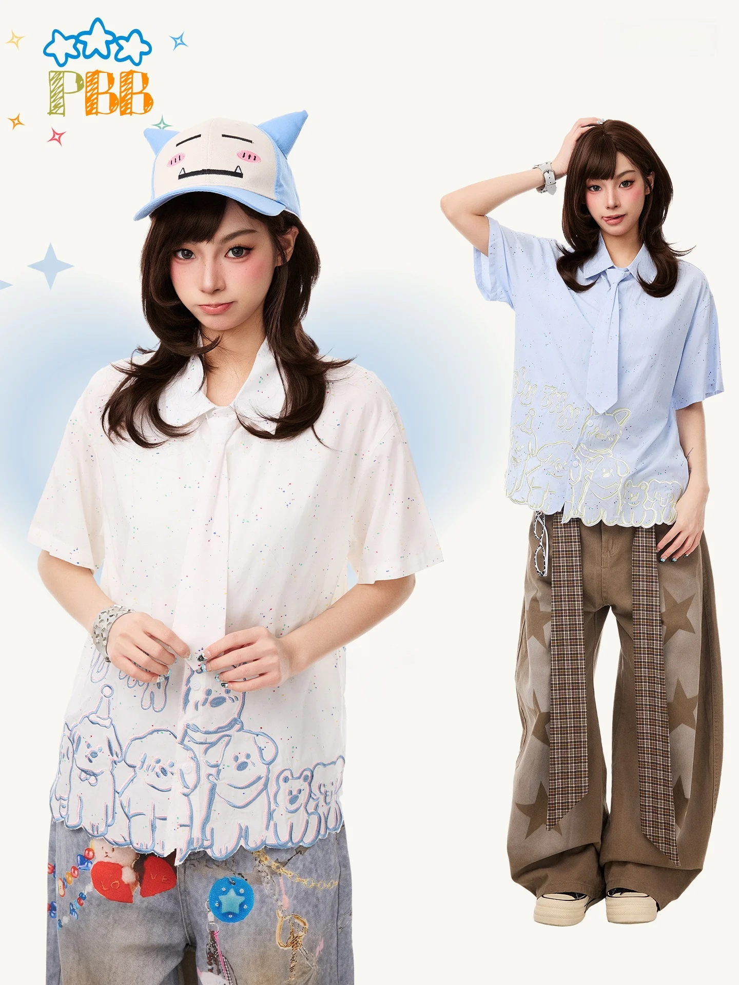 

PBB Casual Style Women's Loose Fit Short Sleeve Embroidered Shirt Blue Commute Coat Jacket Younglooking College Style Outerwear