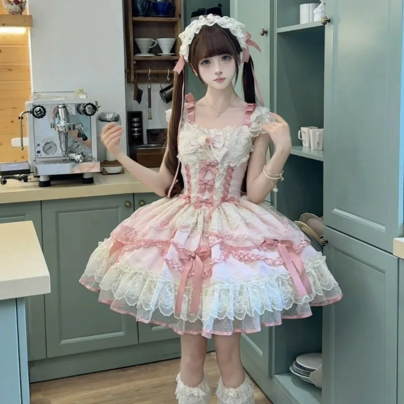 Japanese Style Sweet Lolita Dress Women Fashion Ballet Style Camisole Bow Dresses Vintage Elegant Princess Y2k Clothes