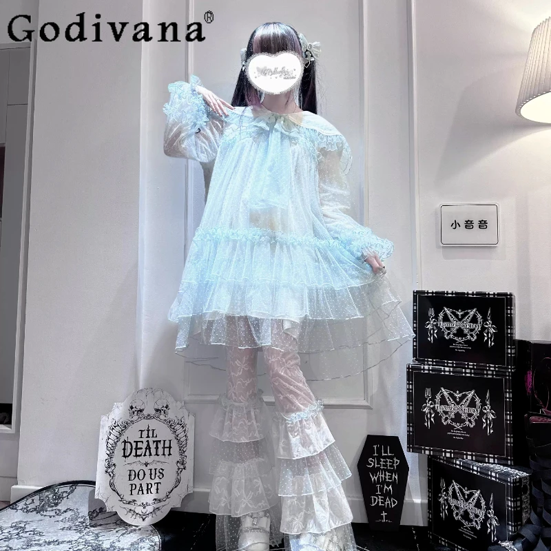 

Original Japanese Mine Mass-produced Large Lapel Polka Dot Long Sleeve Transparent Top Flare Sleeve Subculture Girls Pants Set