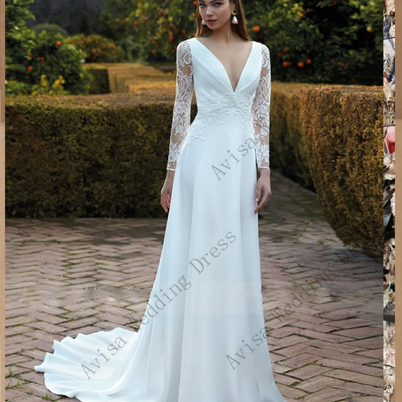 Einfach eine Linie V-Ausschnitt Brautkleid Strand Langarm Party kleider Chiffon Illusion zurück Robe de Mariee Vestidos de Novia