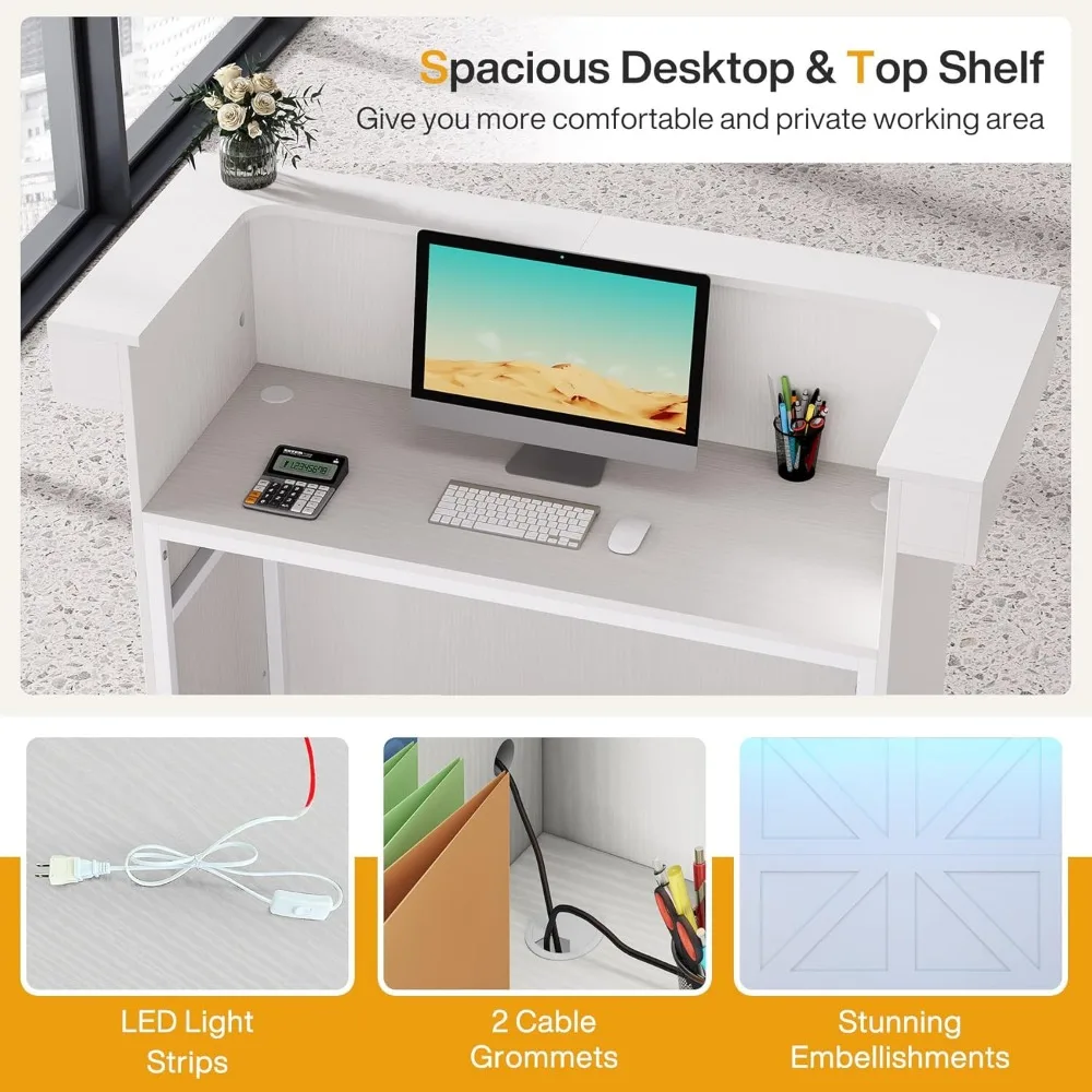 Reception Desk with Light, 55-Inch Front Desk with Cable Grommets, Modern Retail Counter Table for Salon, Lobby, Shop,Reception