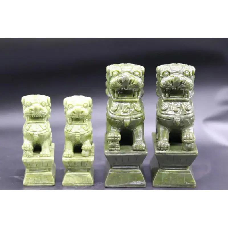 1 Pair China Green Jade Carved Fengshui Foo Fu Dog Guard Door Lion Office Decor