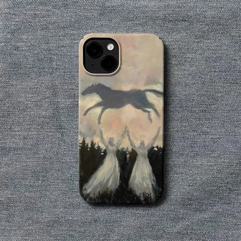 Luxury Clmj White Horse Flying Sky Oil Painting Girl Phone Case for iPhone 17 16 15 14 13 12 11 Air Pro Plus Glossy Film Hard PC