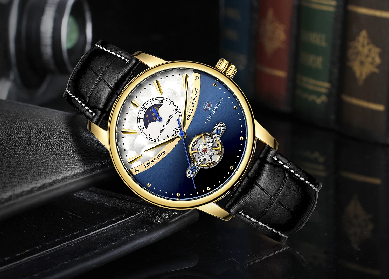 ساعة FORSINING Fashion Moon Phase Design الفاخرة للرجال أوتوماتيكية هيكل عظمي ميكانيكية توربيون بحزام جلدي ساعة يد للأعمال