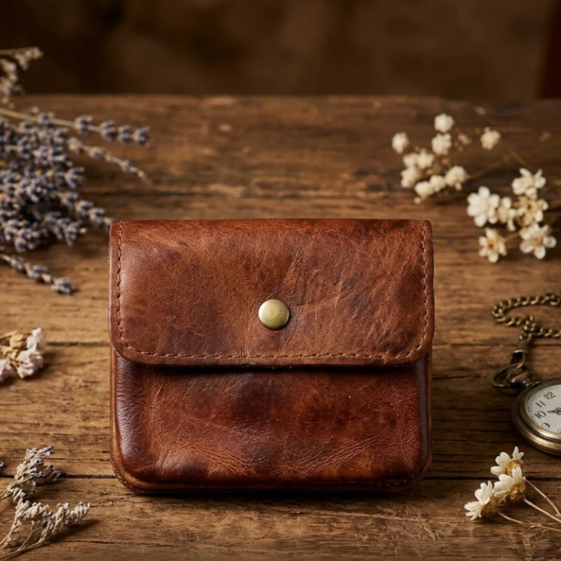Ultra-Slim Compact Genuine Leather Card Holder, Vintage Zipper Coin Wallet with Snap Closure, Lightweight Pocket Wallet for Men