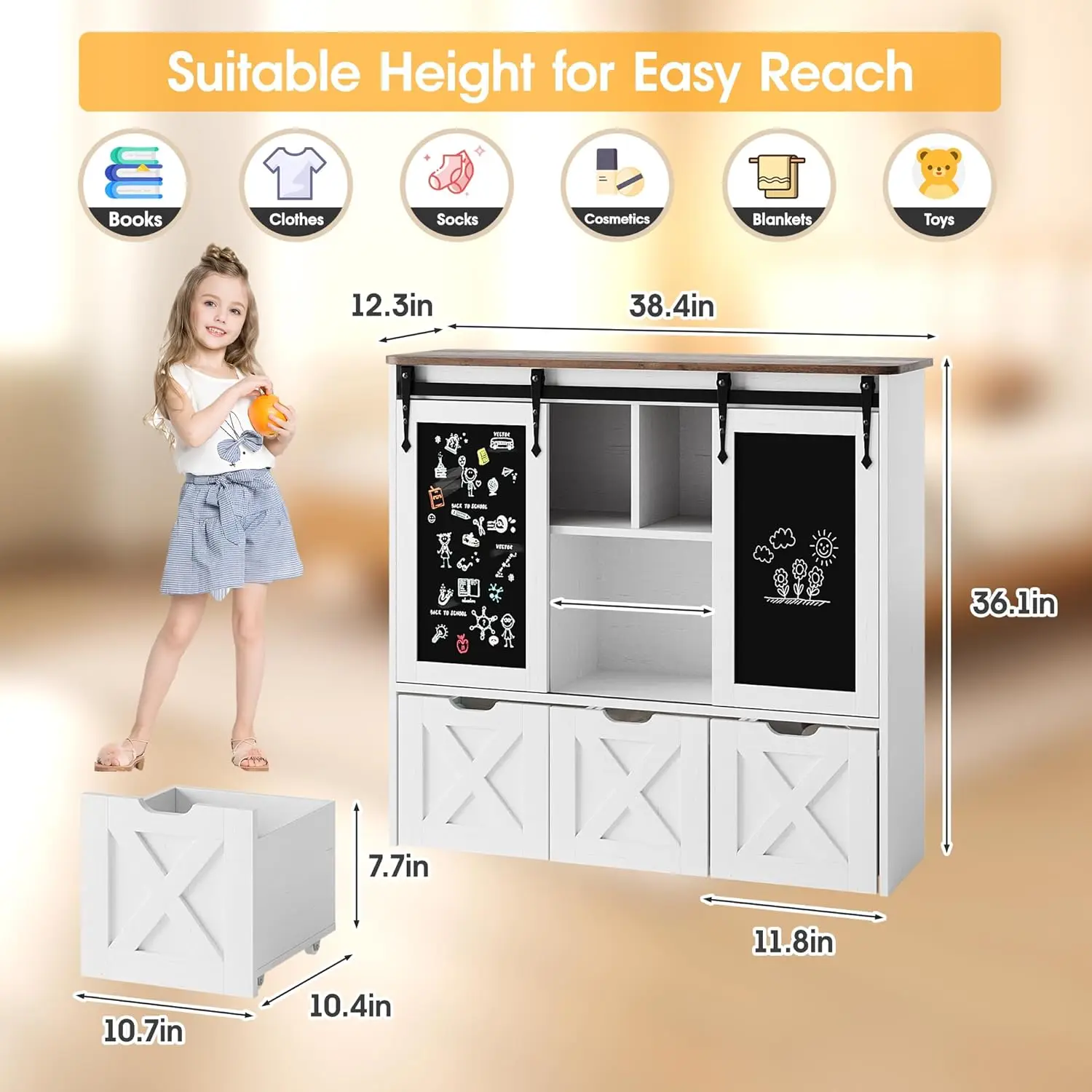 Organizer with Sliding Blackboard, Kids Bookshelf and Bookcase with Hidden Wheels and 3 Movable Drawers, Multifunctional Storage