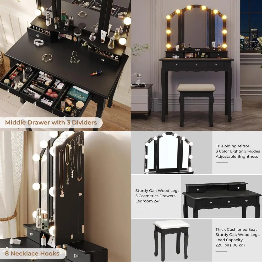 Lighted Makeup Vanity Desk with 10 Bulbs, 3 Color Modes, 5 Drawers, Cushioned Stool, and Tri-Fold Mirror in Black