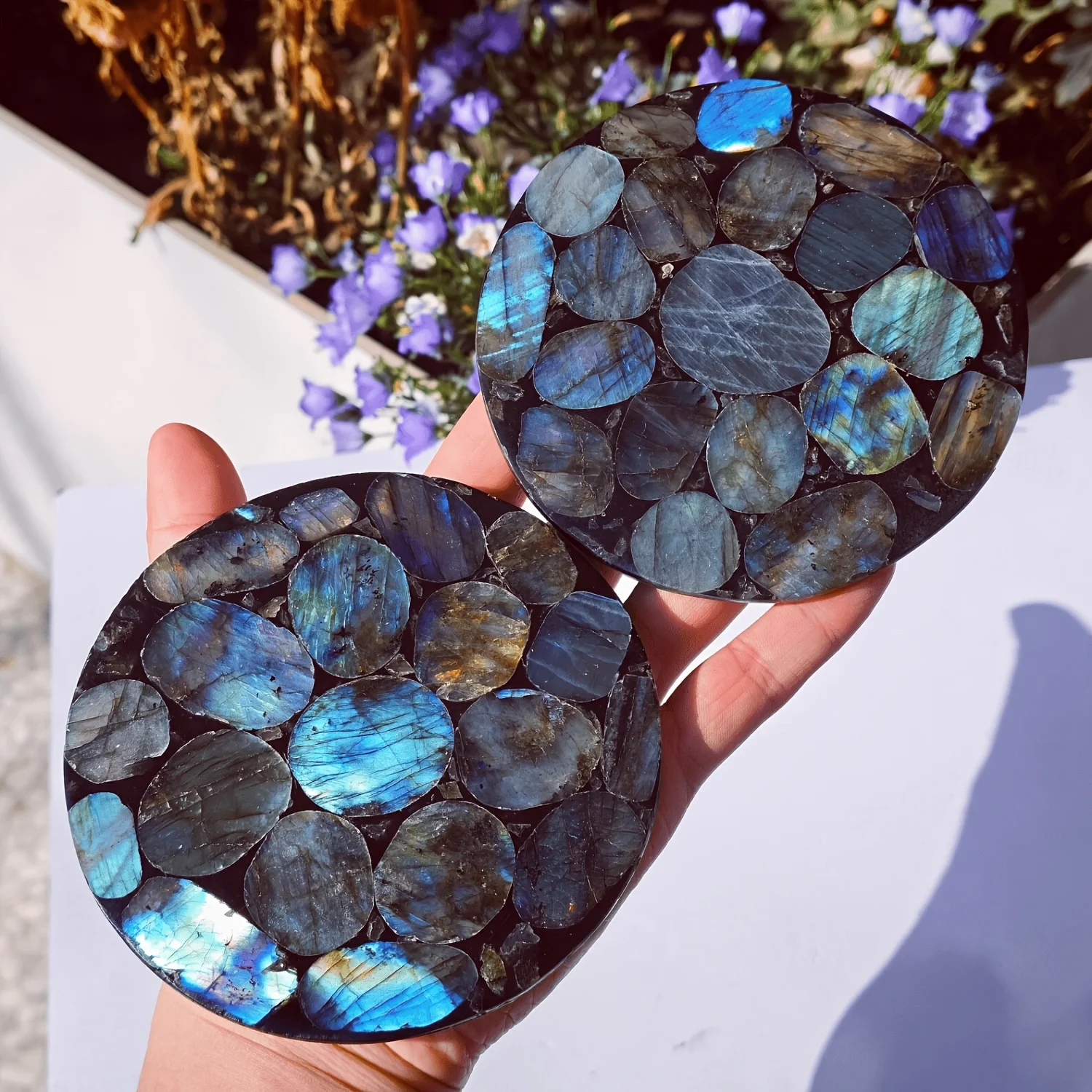 Labradorite Disc | Iridescent Crystal Grid Plate, Madagascar labradorite natural crystal rock polished samples, Home Decor Stone