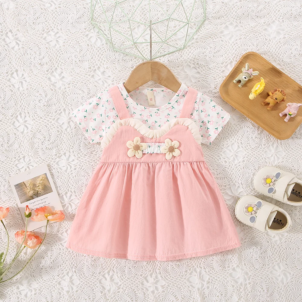 Summer Girls Dress and Baby Girl Fake Two Small Flower Printed Short Sleeves Two Three Dimensional Flower Strap Dress