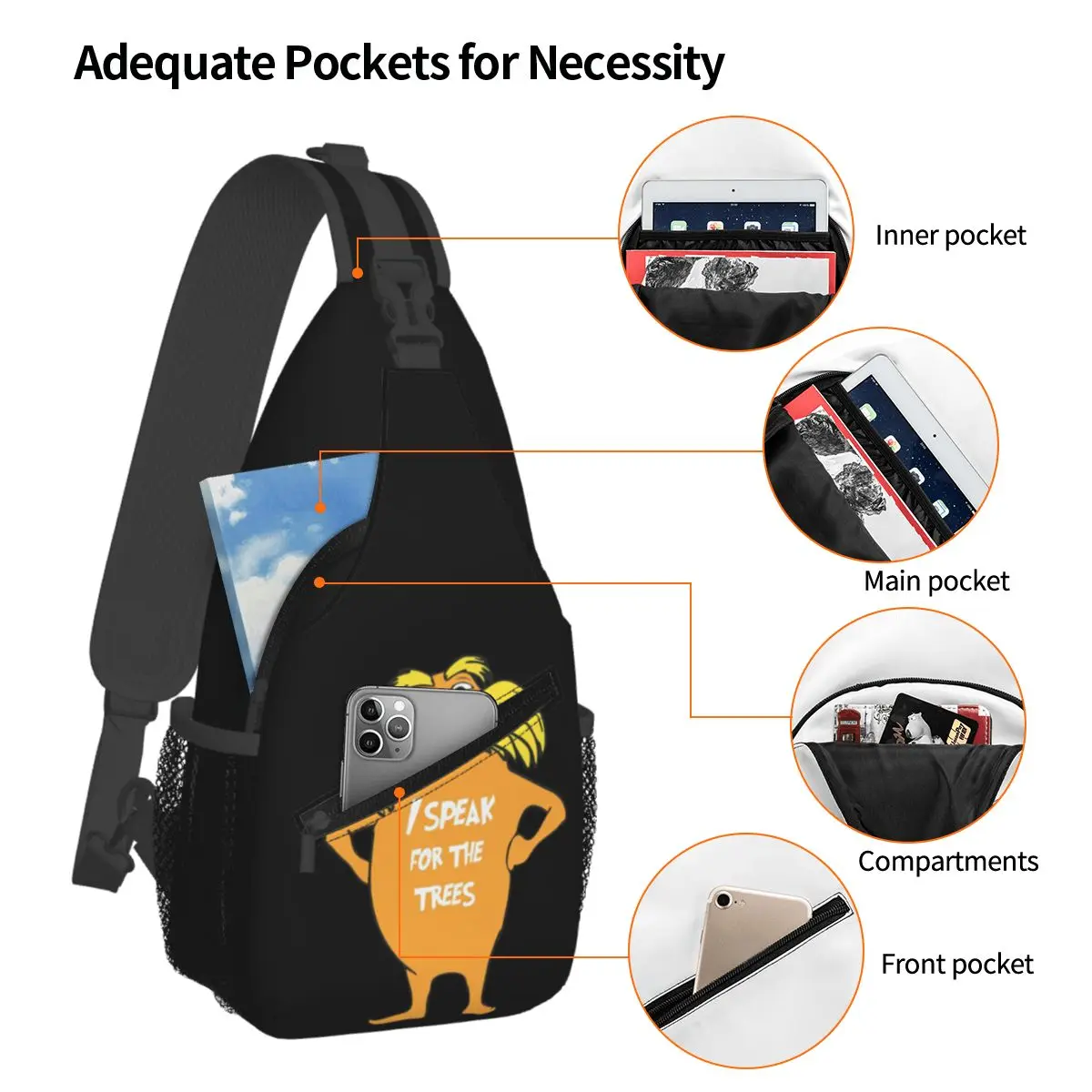 Lorax I Speak For The Trees So Cute Chest Bag Men Sling Crossbody Backpack Chest Bag Travel Hiking Daypack Shoulder Bag