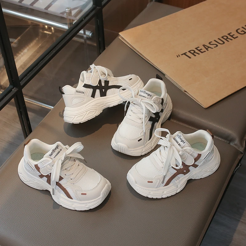 

Children Thick Soled Mesh Breathable Lightweight Sports Shoes Fashionable Lace Up Casual Sports Running Fashion Kids Sneakers