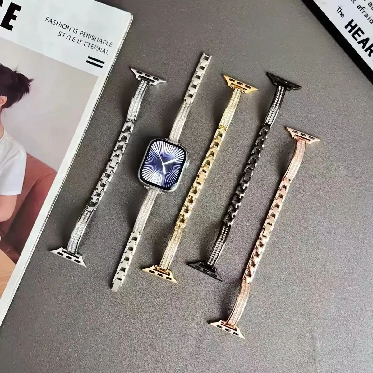 Double-Row Diamond Metal Thin Strap for Iwatch12th Generation Se Watch Bands for Apple Watch for Huawei Watches