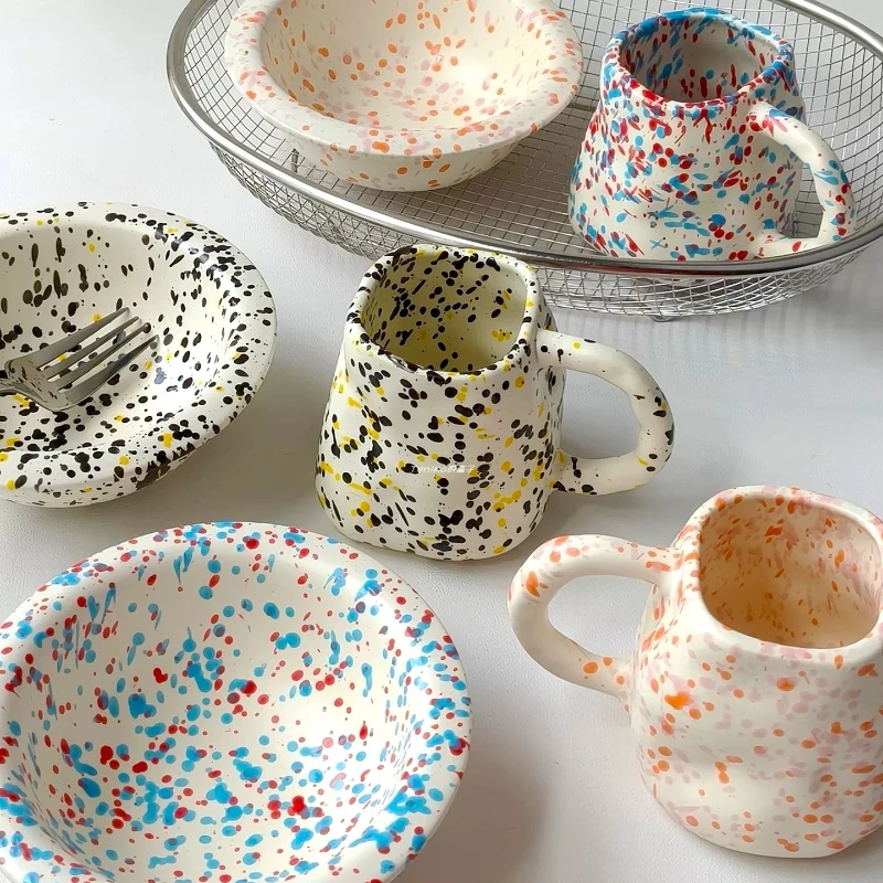 Handmade Ink Splattered Ceramic Coffee Cup, Irregular Colored Dot Mug, Yogurt Oat Dessert Bowl, Table Decoration Gift