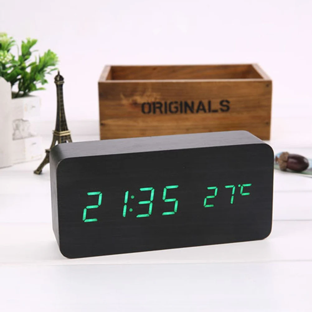 

Luminous Electronic Clock Temperature Display Digital LED Desk Wood Adjustable Brightness