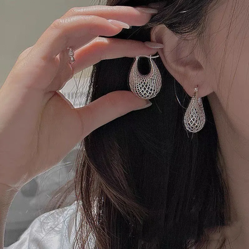 925 Sterling Silver Vintage Earrings For Women Trendy Simple Retro Big Hollow Earring Jewelry Prevent Allergy Party Accessories