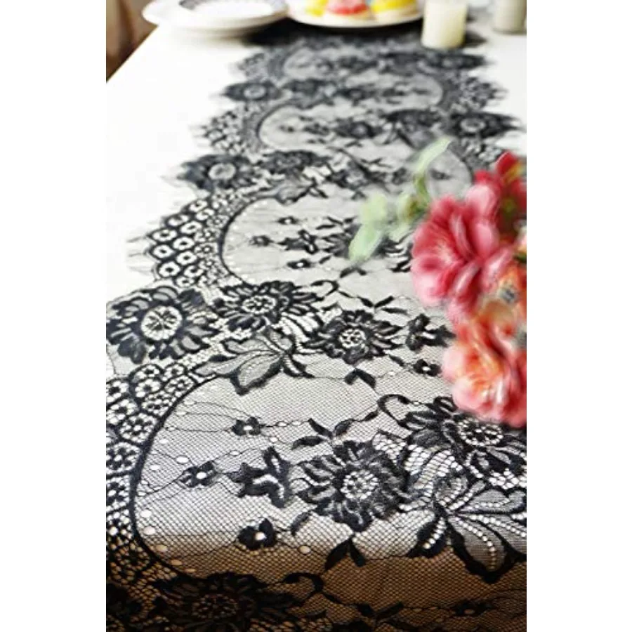 

14 x 120 Inches Black Lace Table Runner Decoration Anniversary Embroidered Doilies Party Supplies Vintage Lace Centerpiece The