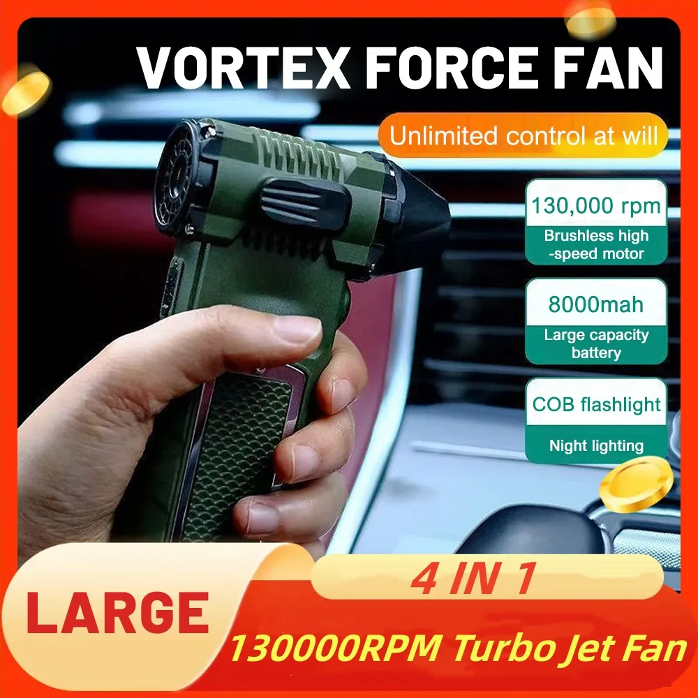 4in1 130000RPM jet blower Handheld Brushless Turbofan with COB Flashlight &Rope cutter Outdoor camping Hair Dryer Cleaning Tool
