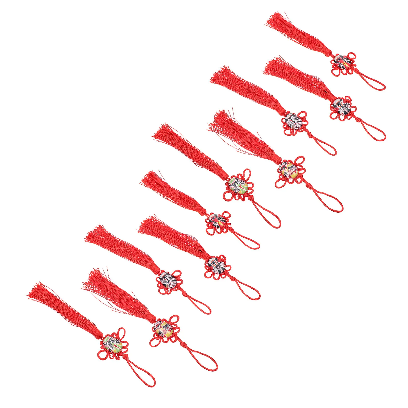 10Pcs Chinese Opera Facial Mask Tassel Car Pendant Red Chinese Knot Hanging Decoration for Car Phone Key Purse Bracelet Home