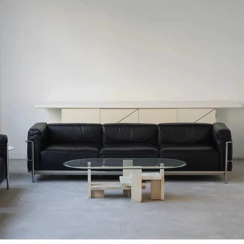

Leather sofa light luxury stainless steel office designer living room Italian minimalist black sofa