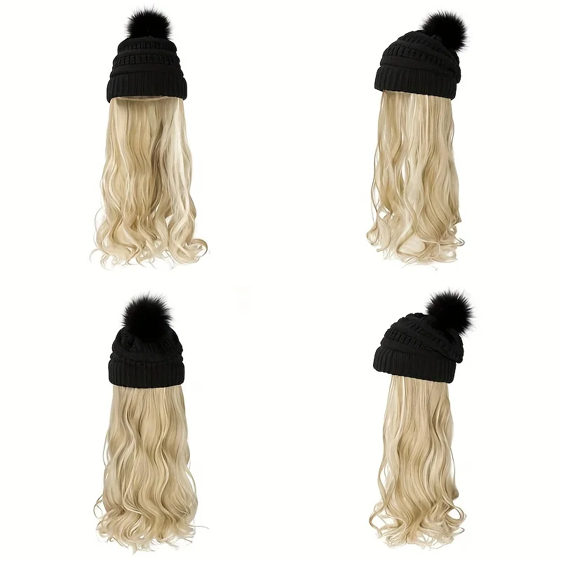 20inch Long Water Wavy Synthetic Hairpiece Beanie Hat - Woven Wigs with Knit Pom Cap and Warm Winter Design - Soft, Detachable,