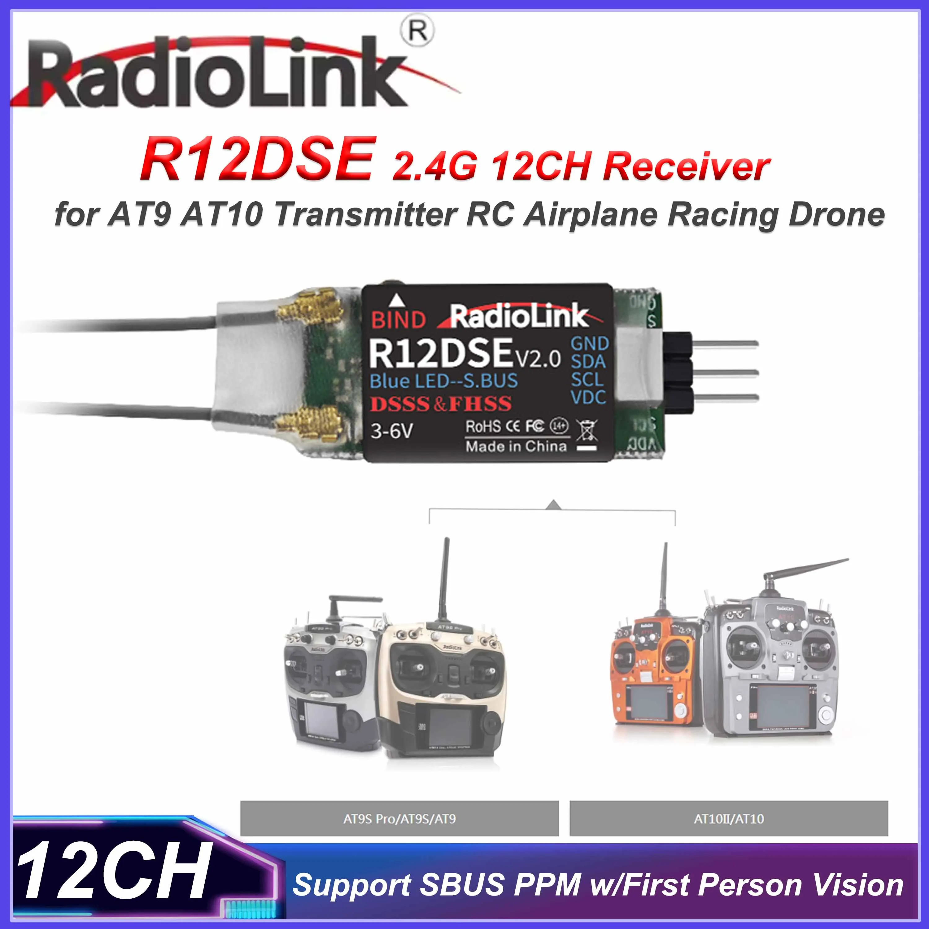 

Radiolink R12DSE 2,4G 12-канальный приемник с поддержкой SBUS PPM для передатчика AT9 AT10 RC Самолет Гоночный дрон с зрением первого человека