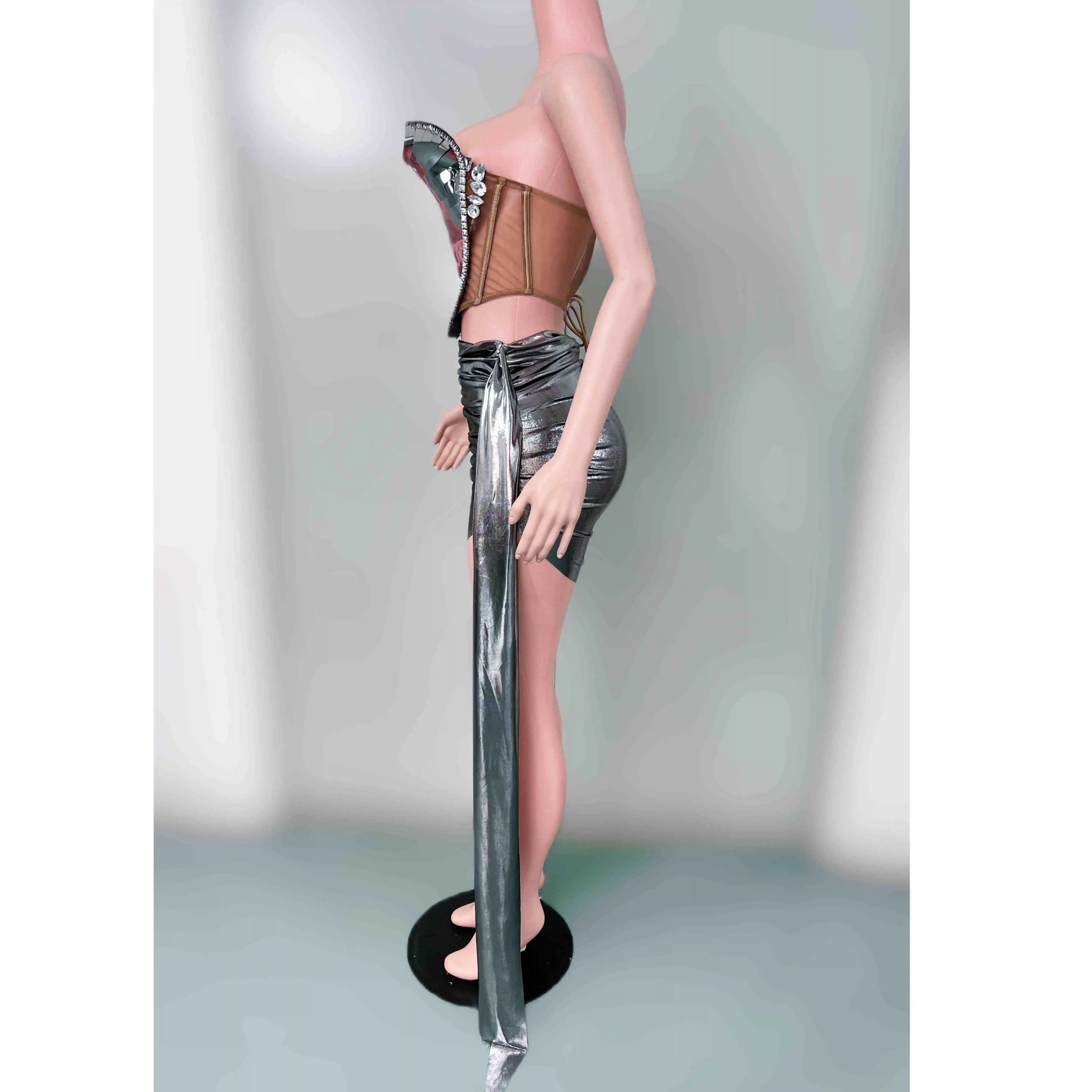 Fishing Rod Nightclub DJ Singer Ds Silver Gogo Fishbone Strapless Hip Hugging Skirt Performance Outfit Bar Stage Dress DN19463