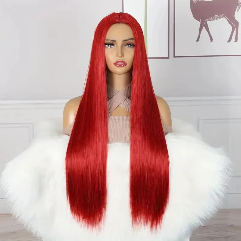 Red Center-Parted Long Straight Synthetic Wig - Halloween Cosplay Costume Wig - Daily Party Wig - Hot Wire Wig Headband image 4