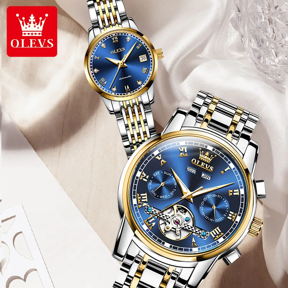 OLEVS Top Brand Mechanical Couple Watches Roman Scale Original Auto Date Wristwatch Luxury Waterproof Dress Watch For Men Women