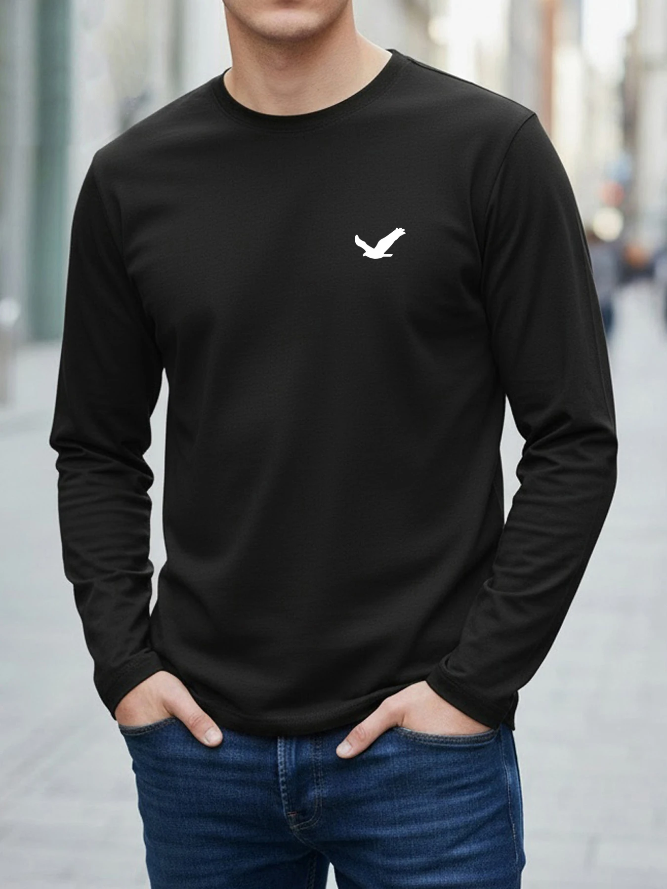 2026 New Men's Long-Sleeve 3D Bird Print Oversized Relaxed-Fit Crew Neck T-Shirt Comfortable Sporty Casual and Stylish Top