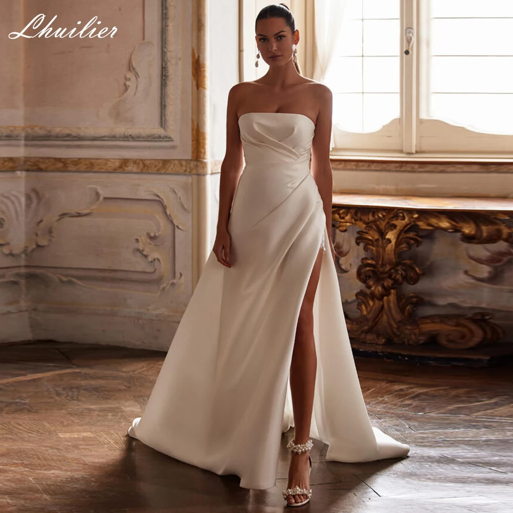 

Lhuilier Индивидуальные атласные свадебные платья без бретелек Свадебные платья без рукавов с высоким разрезом