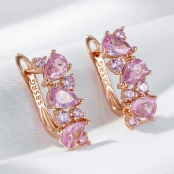 Wbmqda Pink Crystal Drop Earrings For Women 585 Rose Gold Color Shiny Zircon Jewelry Accessories