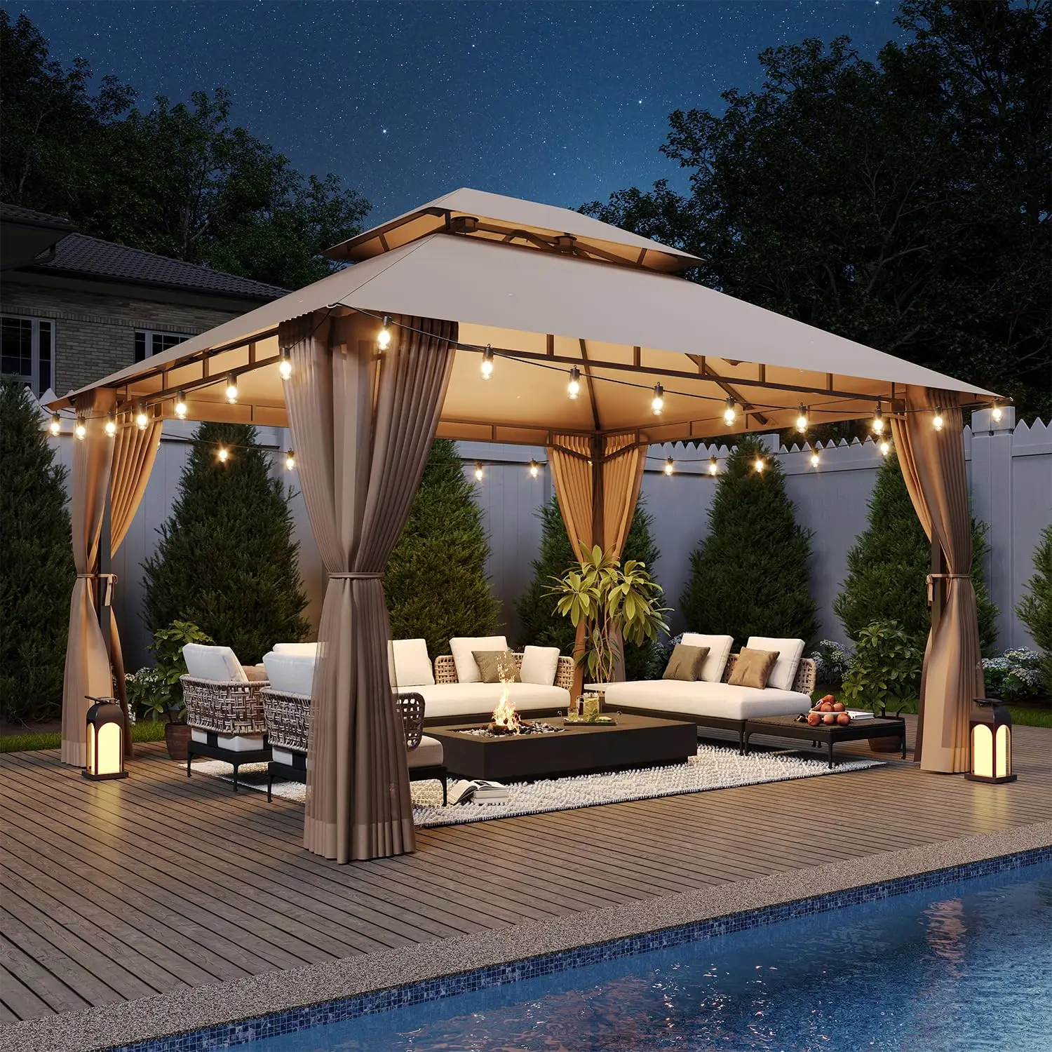 12x10 Outdoor Gazebo with Hanging Light, Beige, Customized