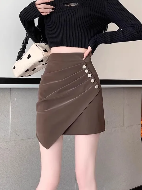 

Корейская дизайнерская плиссированная юбка-миди для женщин, осенне-зимняя, весенняя, новая, асимметричная, приталенная, А-силуэт, короткая юбка с высокой талией из искусственной кожи