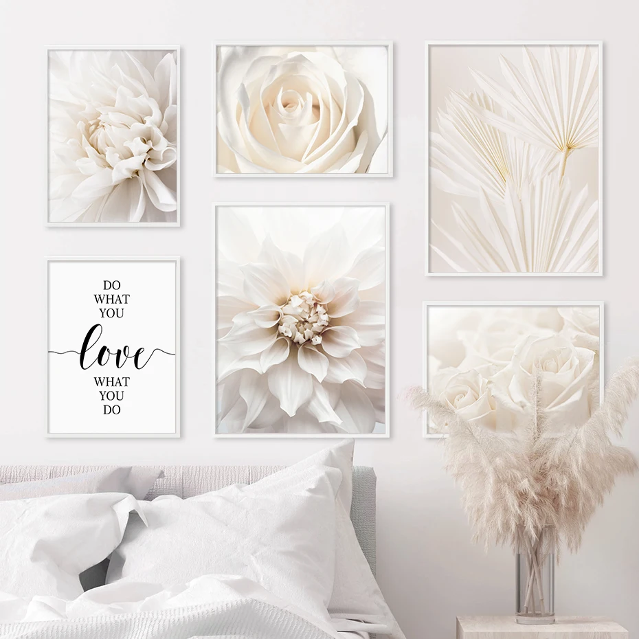 Pretty White Dahlia Rose Poster Romantic Flower Palm Leaf Kiss Canvas Paintings Wall Art Picture Prints Bedroom Decor Interior