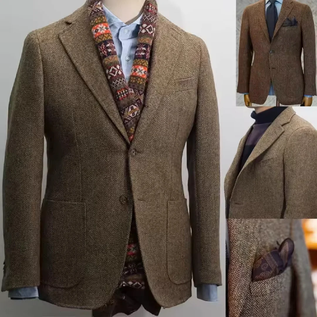Casual Men Brown Herringbone Tweed Blazer Single Breasted Notch Lapel Prom Tuxedo Daily Office Business Jacket Woolen Suit Coat